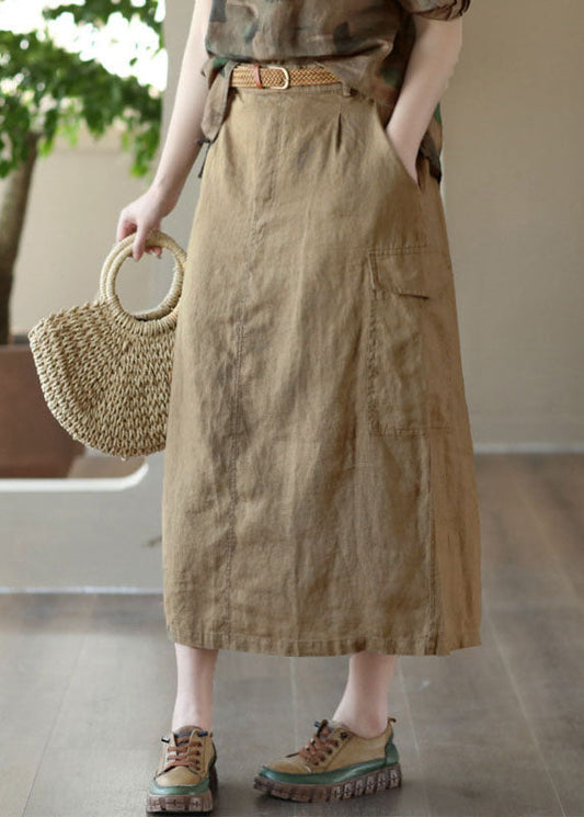 Elegant Khaki Pockets Patchwork Cotton A Line Skirts Summer