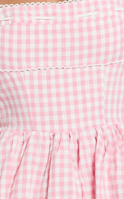 Caitlin Mini Dress - Gingham Square Neck Fit And Flare Dress In Pink