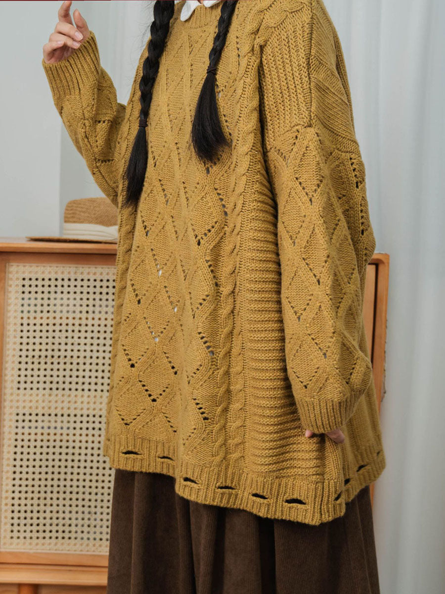 Women Winter Artsy Rhomboids Knitted Loose Sweater
