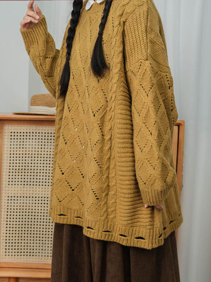 Women Winter Artsy Rhomboids Knitted Loose Sweater
