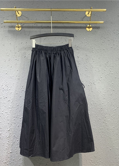 Casual Black Cinched Pockets Elastic Waist Patchwork Cotton Skirt Fall
