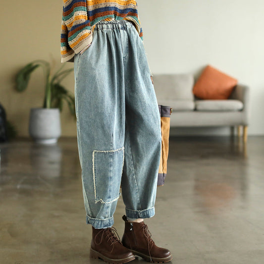 Women Retro Patchwork Embroidery Cotton Harem Jeans
