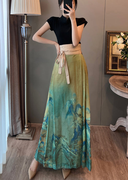 Retro Green Tunic Wrinkled Chinese Style Skirt Summer