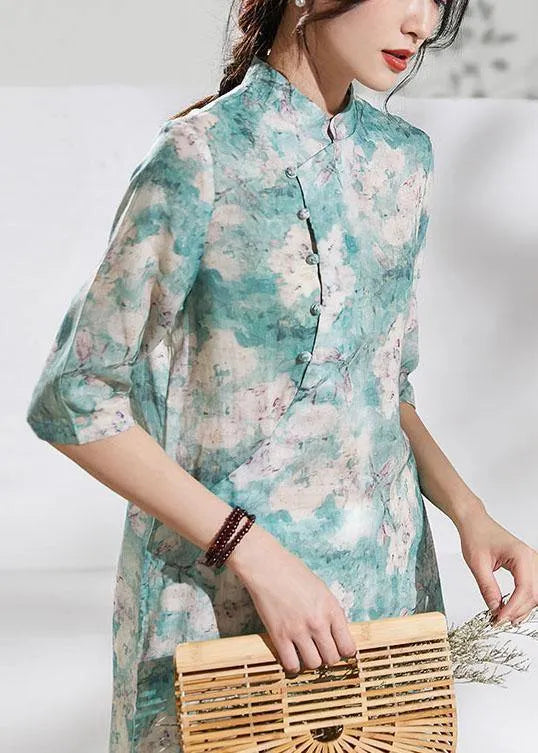 Classy stand collar half sleeve linen summer dresses Outfits green print Dress