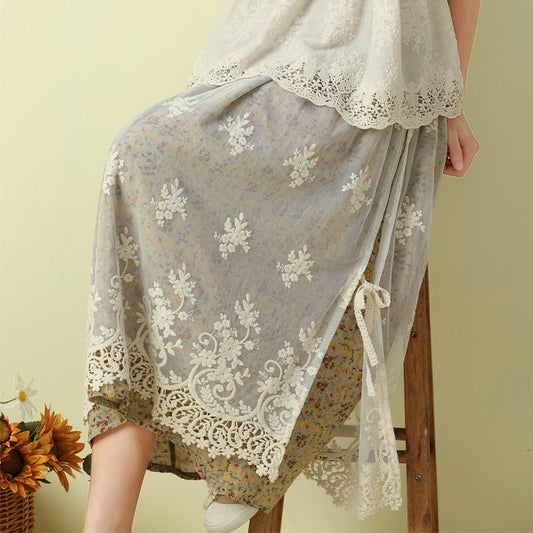 Cozy Linen Retro Floral Embroidery Lace Mesh Skirt