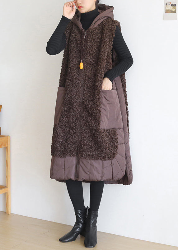Plus Size Coffee Colour Zippered Pockets Woolen Cotton Hooded Waistcoat Sleeveless