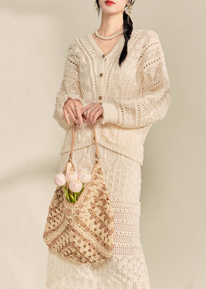 Casual Apricot V Neck Button Knit Cardigans And Maxi Skirts Two Pieces Set Fall