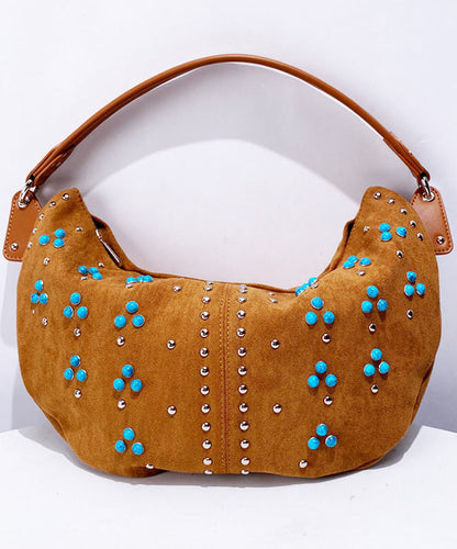 Fine Khaki Rivet Patchwork Fine Suede Saddle Bag