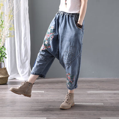 Denim Floral Pocket Low Drop Crotch Embroidered Jeans