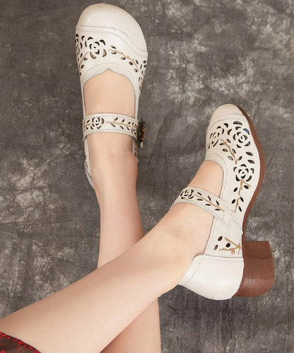 Chocolate Boho Chunky Heel Cowhide Leather Hollow Out Splicing Buckle Strap