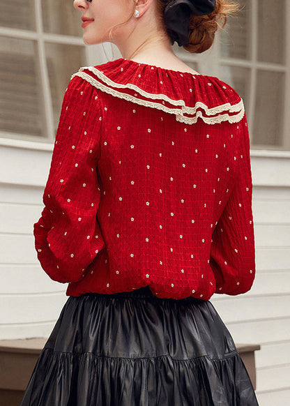 Elegant Red V Neck Dot Patchwork Tie Lace Shirt Fall