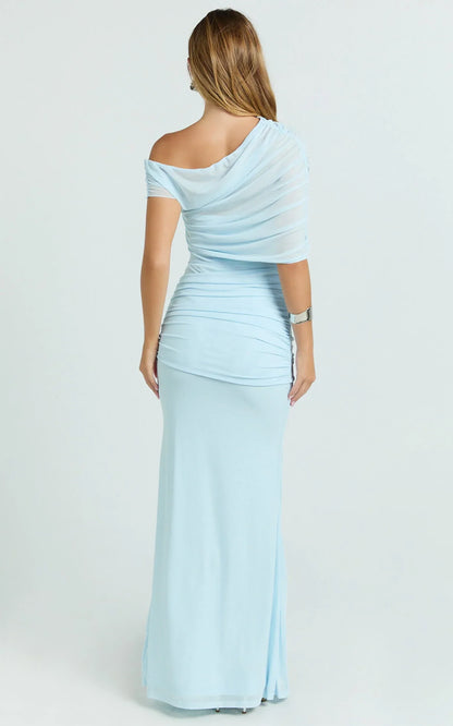 Nicolette Maxi Dress - Cape Sleeve Off Shoulder Dress In Blue