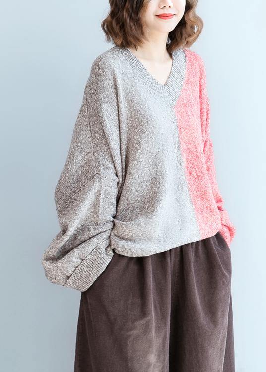For  red knitwear plus size v neck patchwork clothes For Women