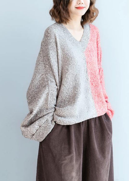 For  red knitwear plus size v neck patchwork clothes For Women