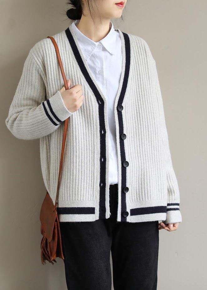 Fashion Beige Sweater Blouse V Neck Button Down  Sweaters
