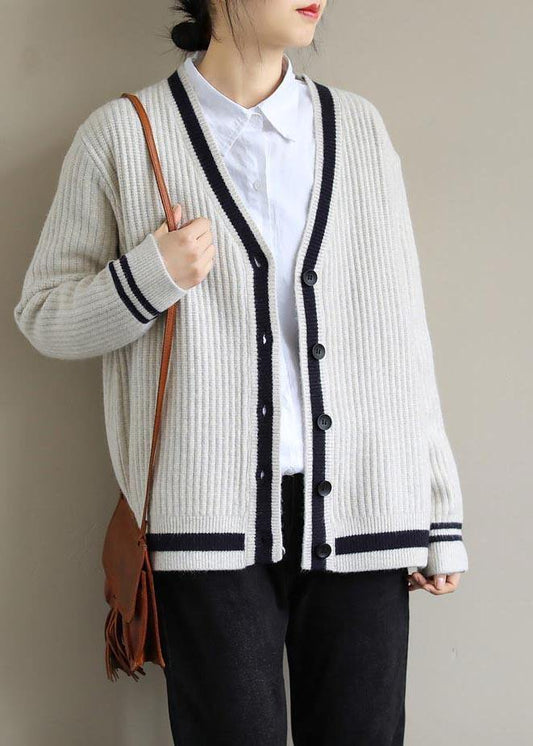Fashion Beige Sweater Blouse V Neck Button Down  Sweaters