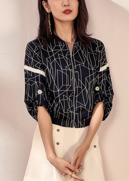 Vogue Navy O-Neck Plaid Zippered Coat Fall