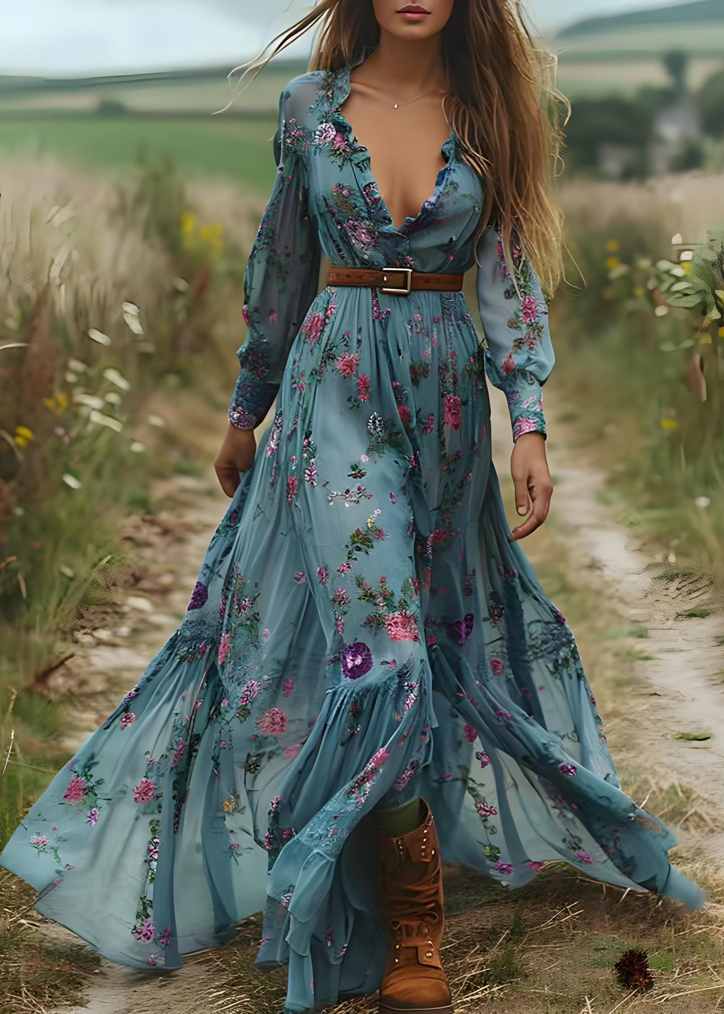 Bohemian Blue Ruffled Print Patchwork Chiffon Long Dress Spring