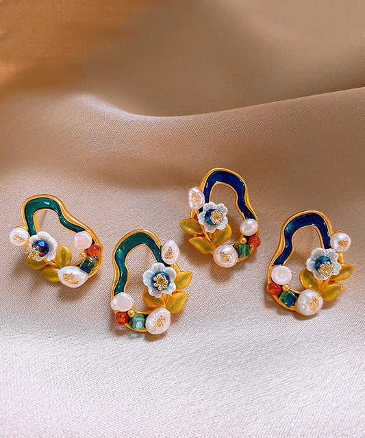 Stylish Blackish Green Copper Overgild Pearl Floral Stud Earrings