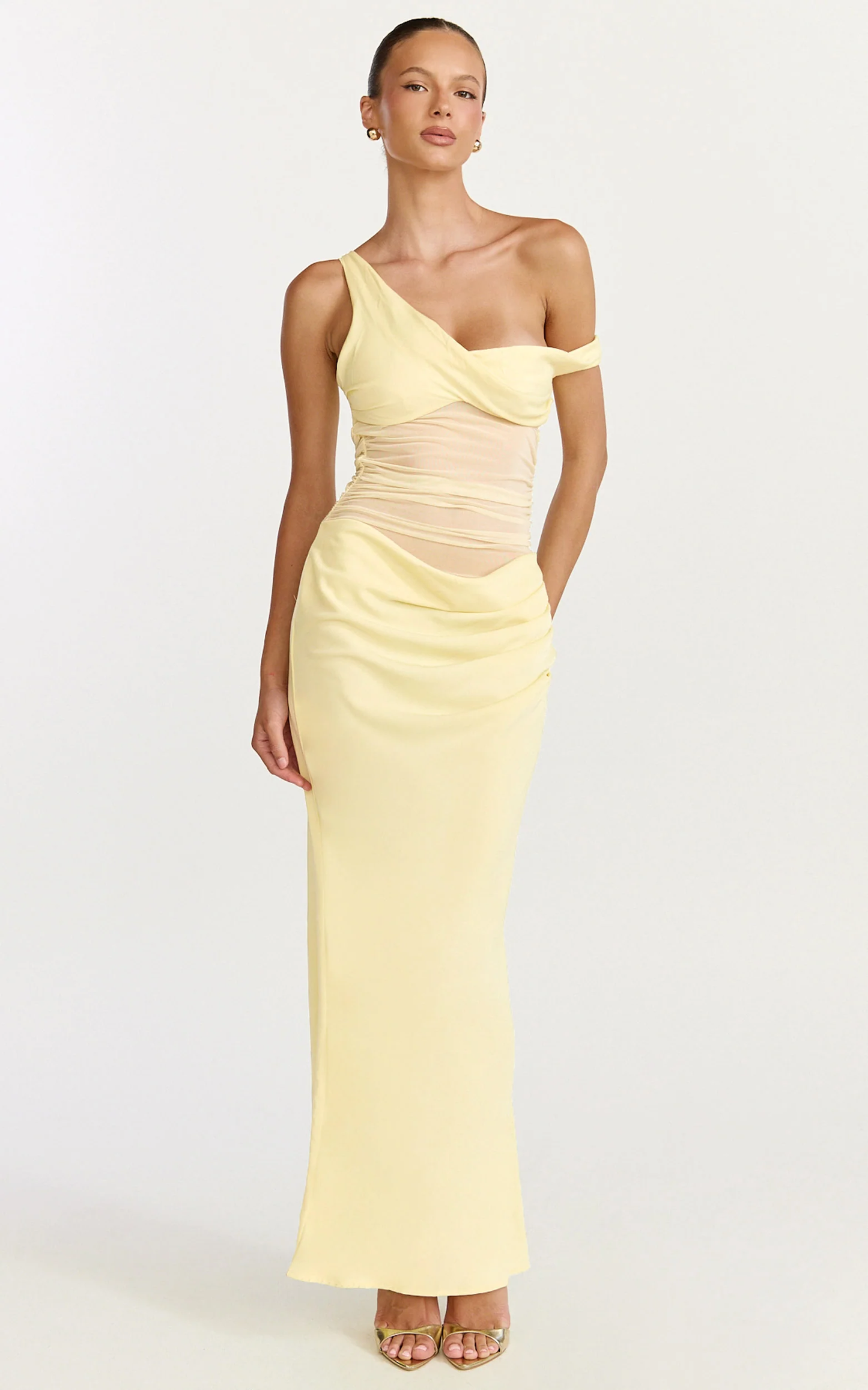 Pale Yellow Asymmetric Off-Shoulder Mesh Ruched Maxi Dress
