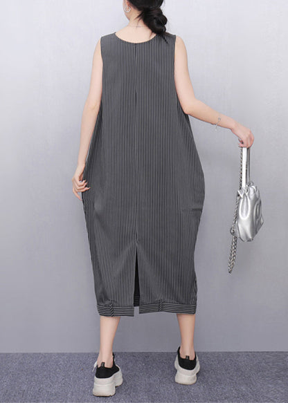 Women Dark Grey Striped Pockets Long Dresses Sleeveless