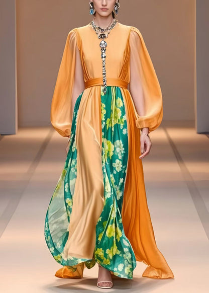 Women Orange Cinched Patchwork Silk Party Dress Lantern Sleeve