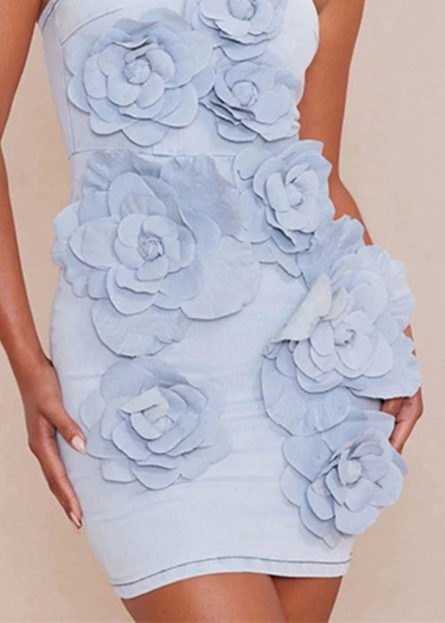 Floral Blue Strapless Zippered Denim Mini Dress Sleeveless