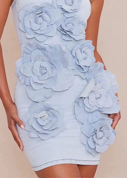 Floral Blue Strapless Zippered Denim Mini Dress Sleeveless