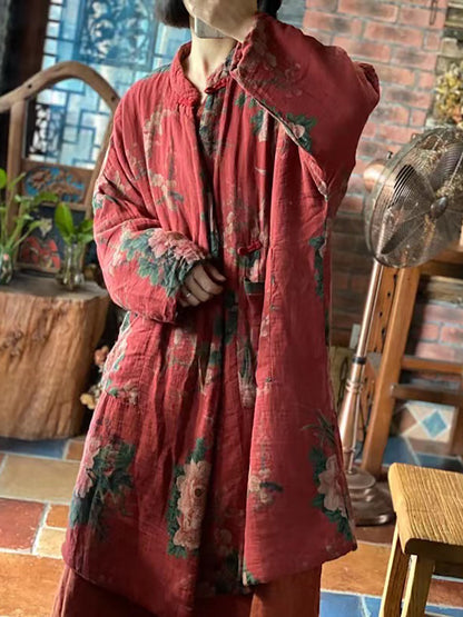Women Winter Vintage Double Cotton Yarn Loose Stand Collar Coat
