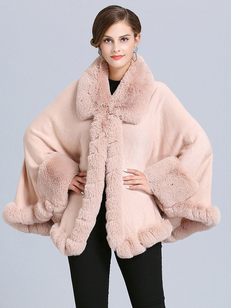 Women Poncho Sweater Faux Fur Coat Shawl Collar