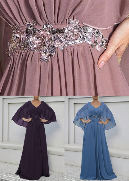 Blue Sequins High Waist Long Dress V Neck Batwing Sleeve