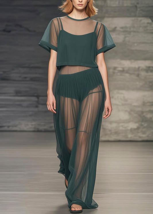 Tea Green Patchwork Tulle Sheer Two Piece Set Women Clothing Summer