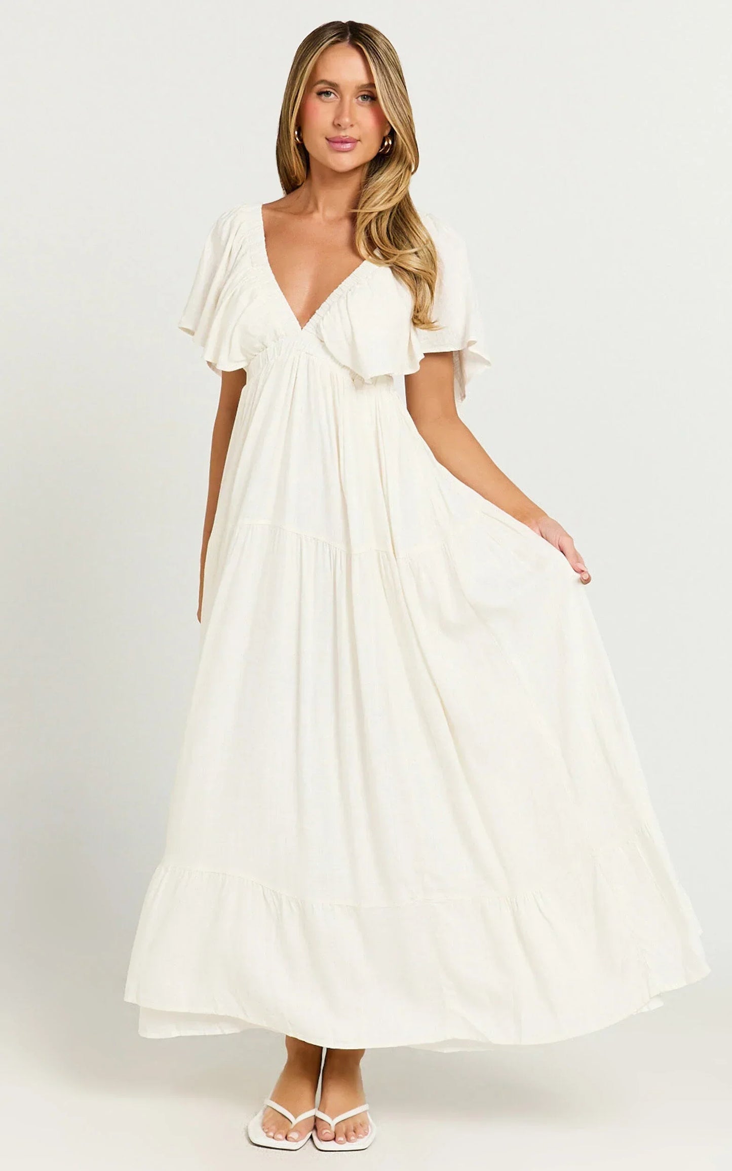 Lyrad Midi Dress - Linen Empire Waist Textured Dress In White