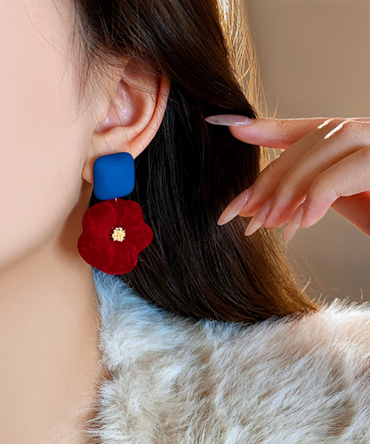 New Year Red Alloy Floral Flocking Stud Earrings