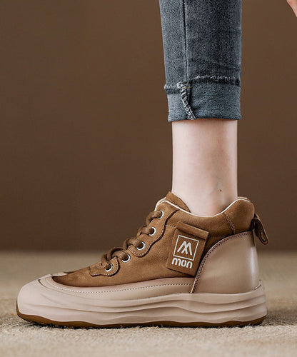 Red Women Platform Cowhide Leather Lace Up Splicing Flat Feet Shoes
