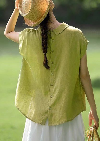 Women Pink Peter Pan Collar Button Solid Cotton Shirt Summer