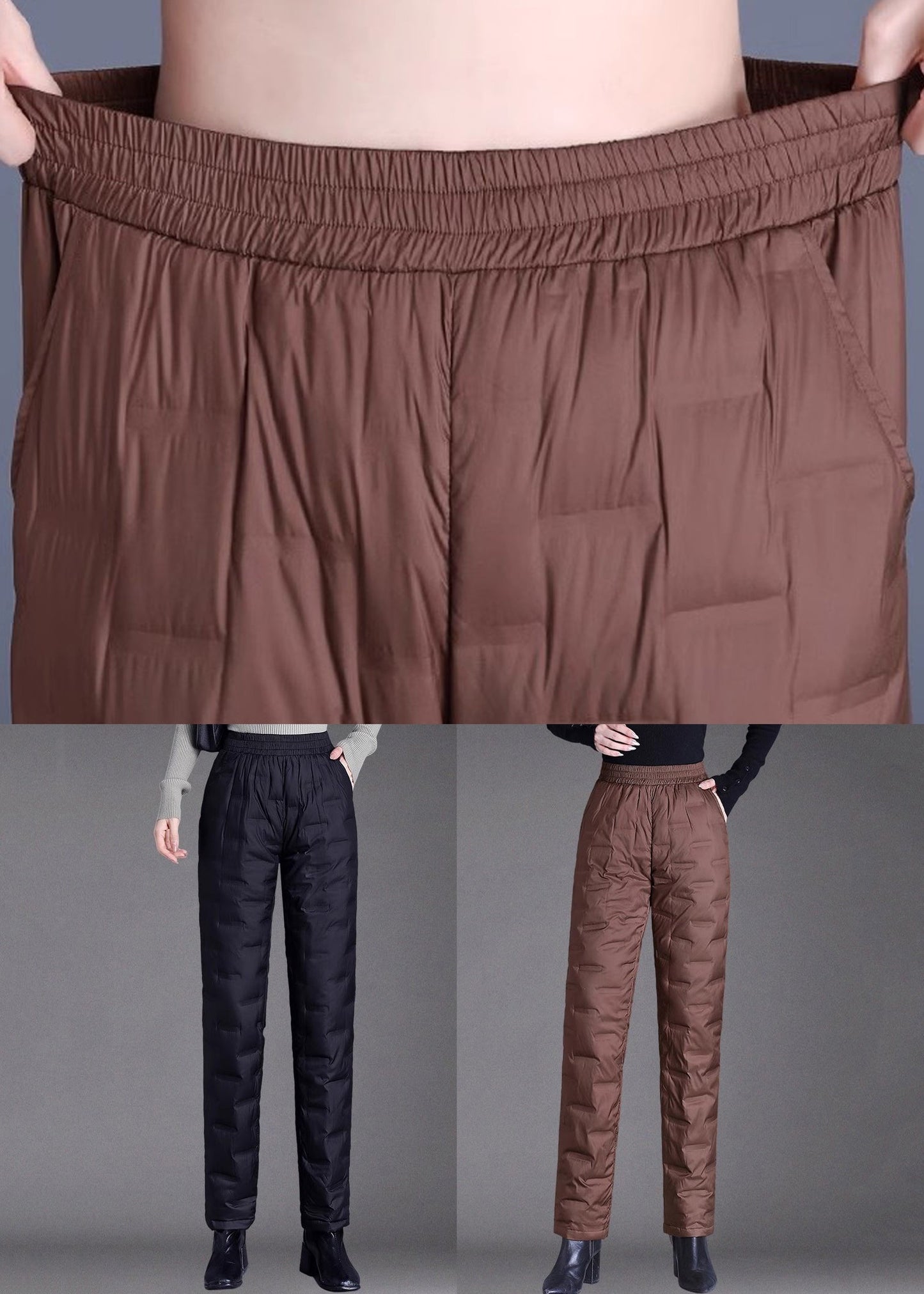 Women Brown Pockets Elastic Waist Duck Down Filled Pants Winter