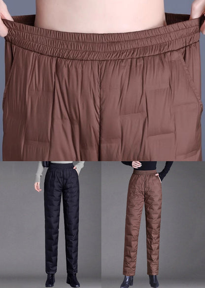 Women Brown Pockets Elastic Waist Duck Down Filled Pants Winter