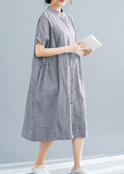 Plus Size Black White Plaid Cotton Pockets Summer Dress