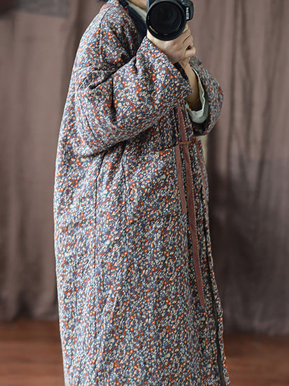Women Vintage Winter Warm Floral Pocket Print Coat