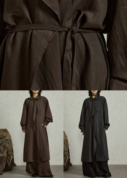 Loose Black Ruffled Tie Waist Cotton Shirts Coat Fall