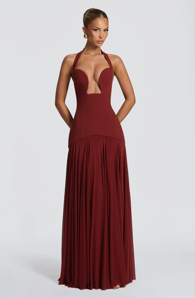 Halter Cutout Lace-Up Waist Chiffon Panel Maxi Gown