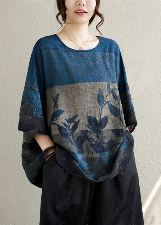 Vintage Navy Oversized Print Linen Tanks Summer