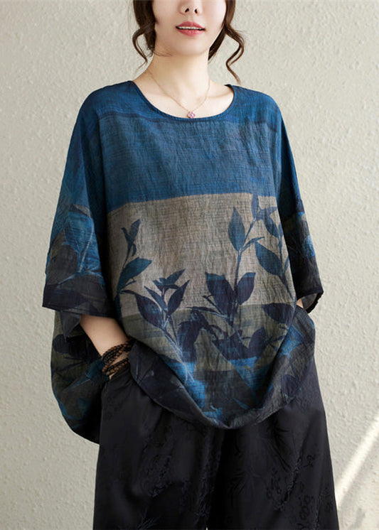 Vintage Navy Oversized Print Linen Tanks Summer