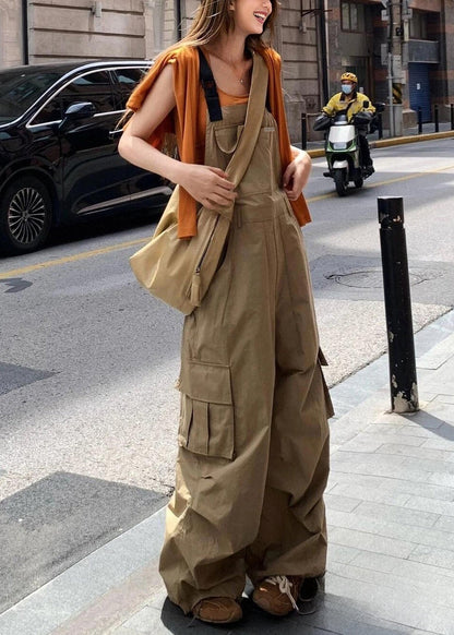 Casual Khaki Pockets High Waist Cotton Jumpsuits Sleeveless