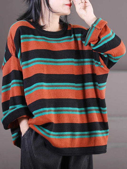 Women Striped O-Neck Loose Sweater