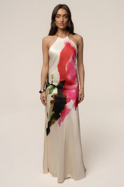 Halter Open-Back Watercolor Print Satin Maxi Dress