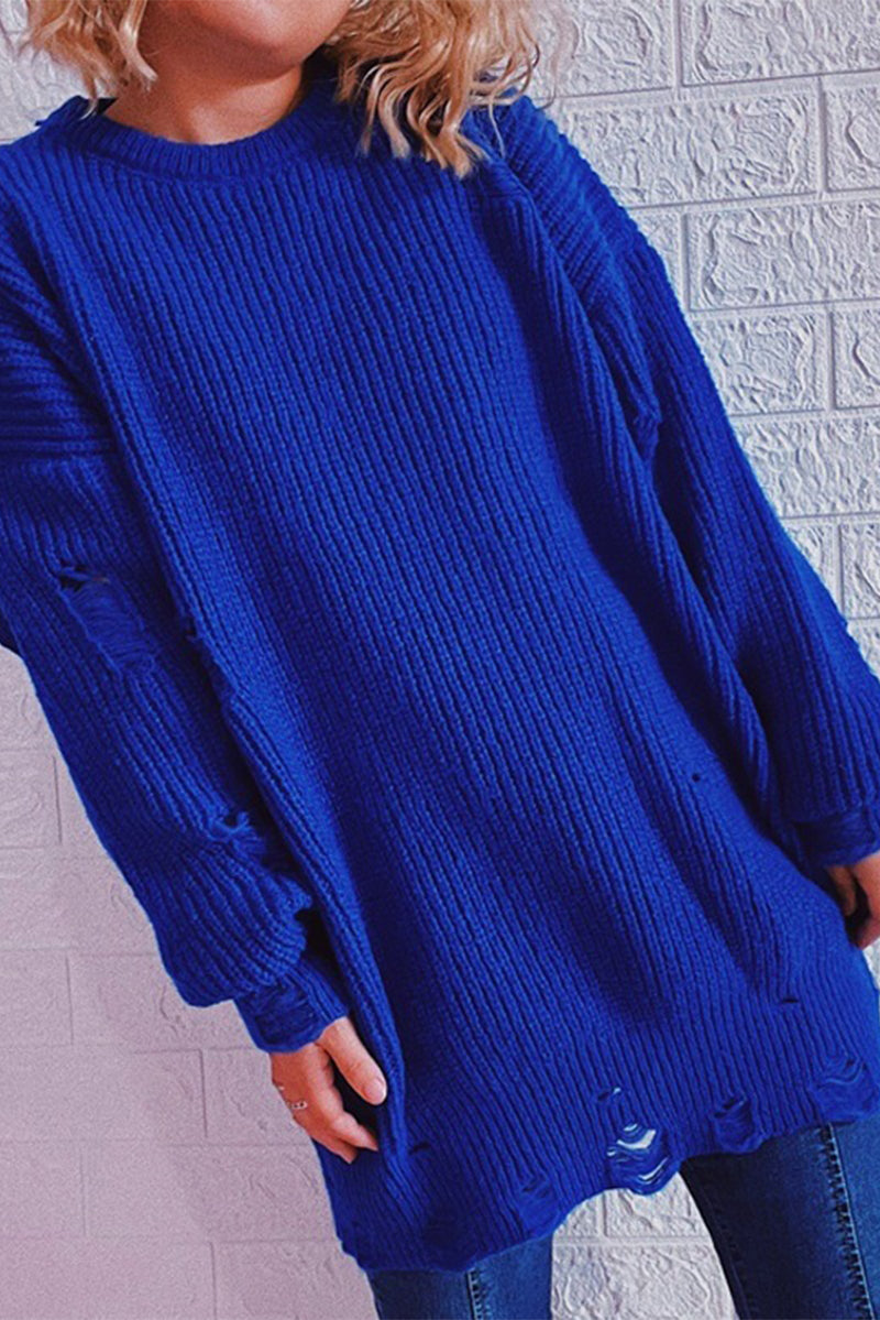 Street Solid Ripped O Neck Tops