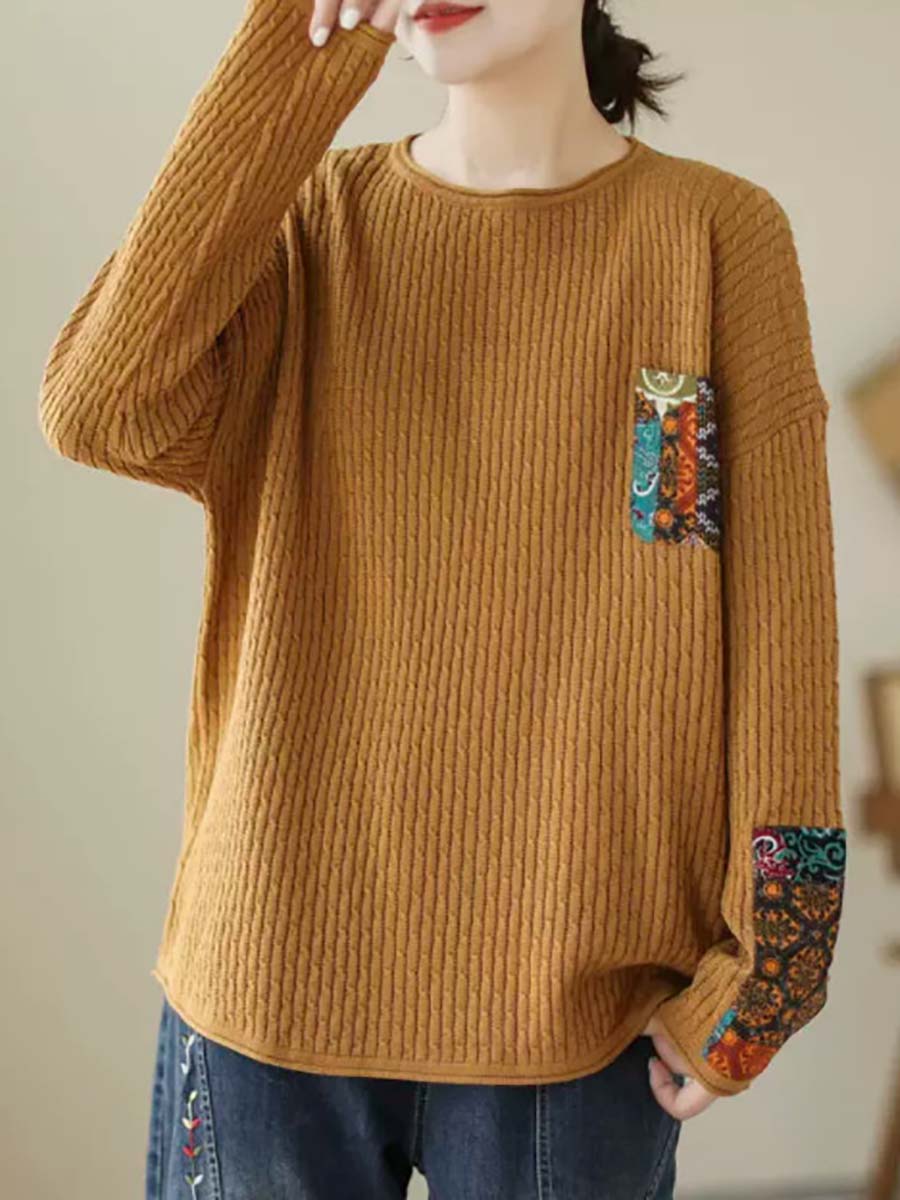 Women Autumn Artsy Knitted Patchwork Loose Sweater