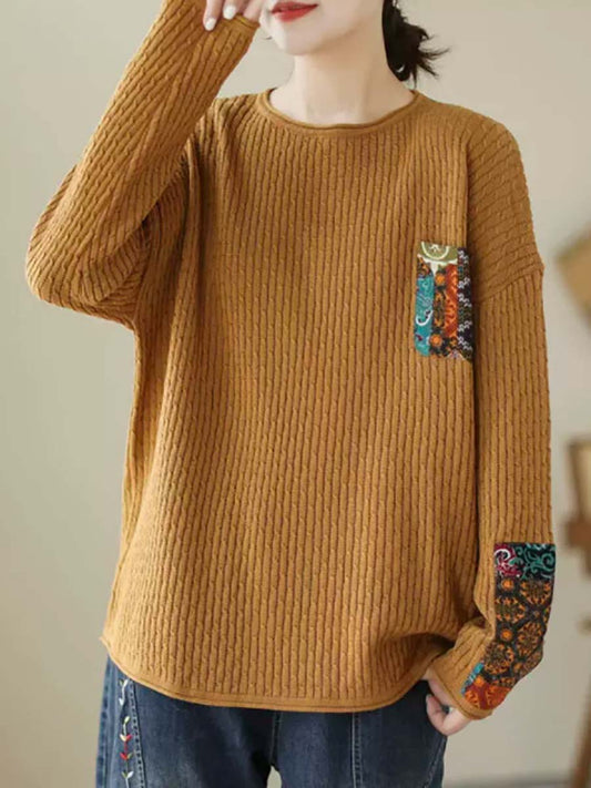 Women Autumn Artsy Knitted Patchwork Loose Sweater